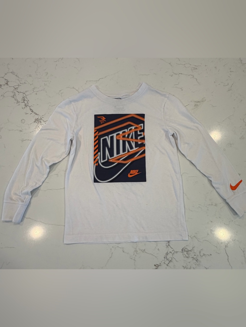 Nike White Long-Sleeve Tee with Orange & Navy Graphic